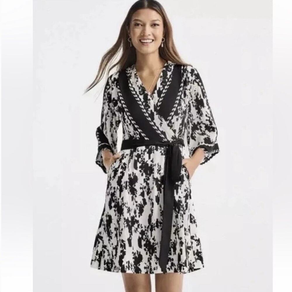 Cabi X Factor Dress Black Ivory Floral Print Wrap Bodice Size Medium
